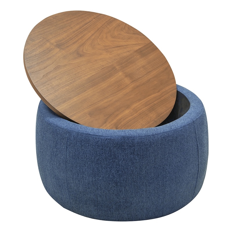 Round Fabric Storage Ottoman 2 in 1 Function  Work as End table and Ottoman Navy