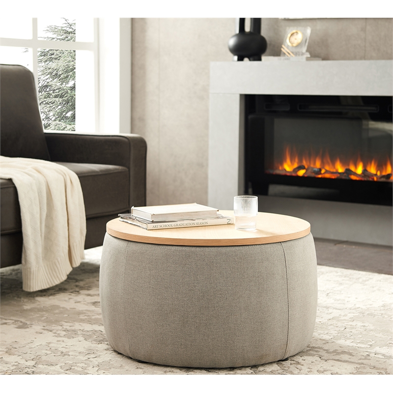 Round Fabric Storage Ottoman Work as End table and Ottoman in Gray