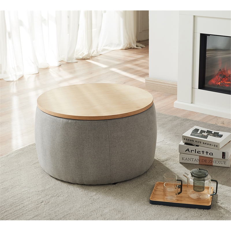 Round Fabric Storage Ottoman Work as End table and Ottoman in Gray