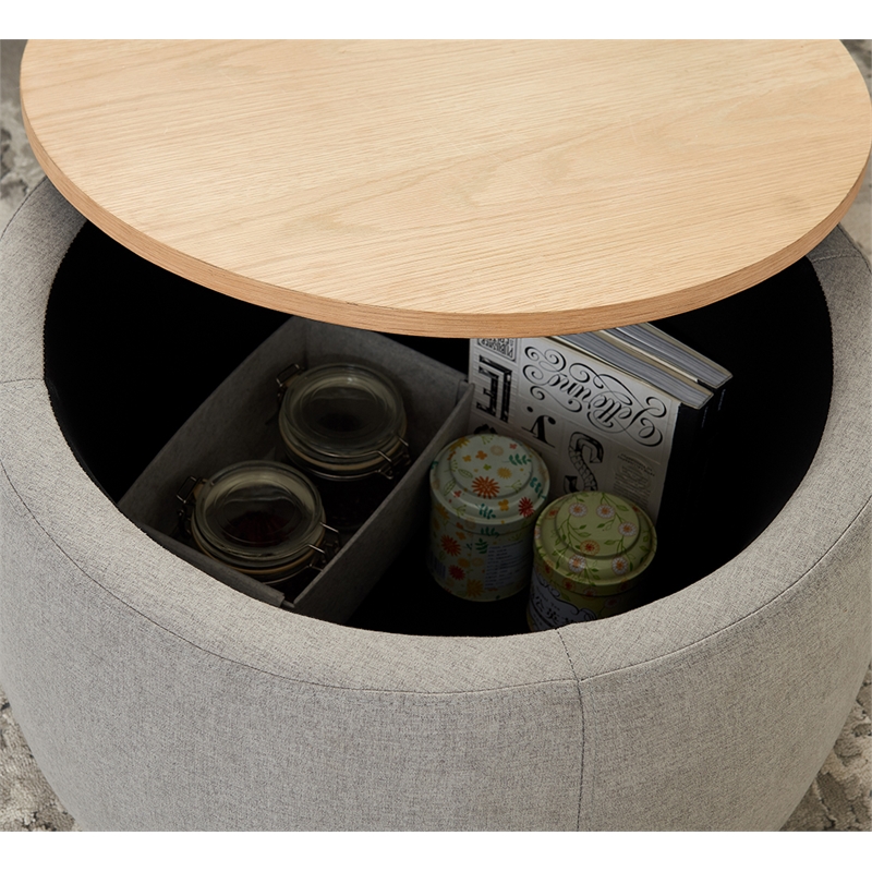 Round Fabric Storage Ottoman Work as End table and Ottoman in Gray