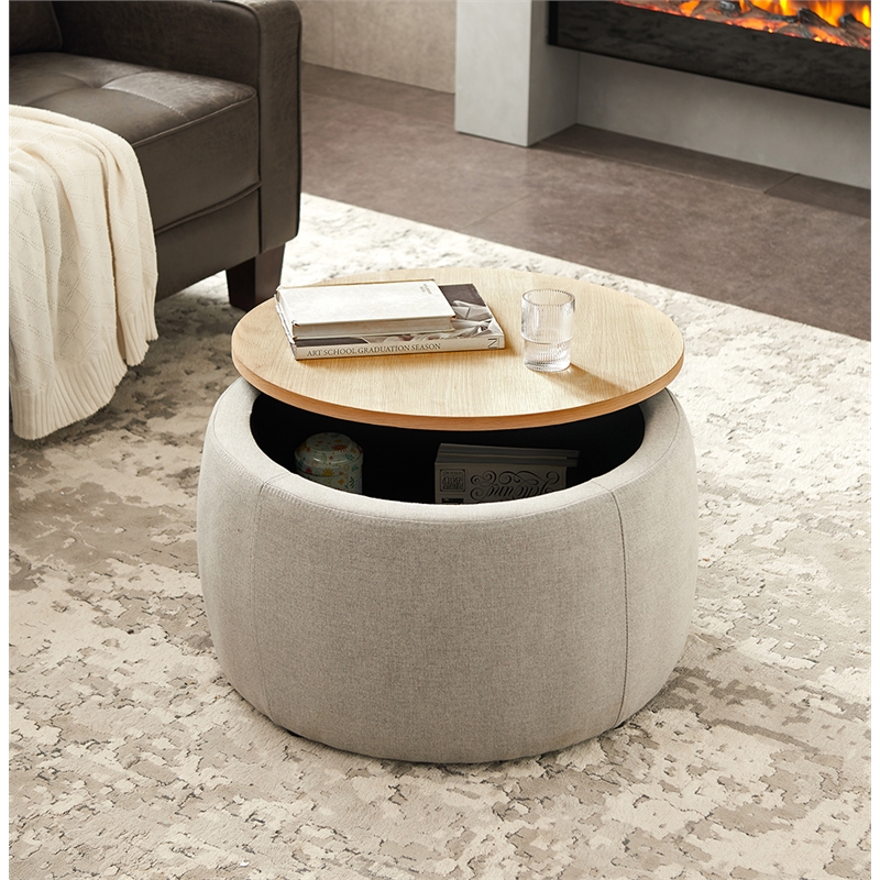 Round Fabric Storage Ottoman Work as End table and Ottoman in Gray