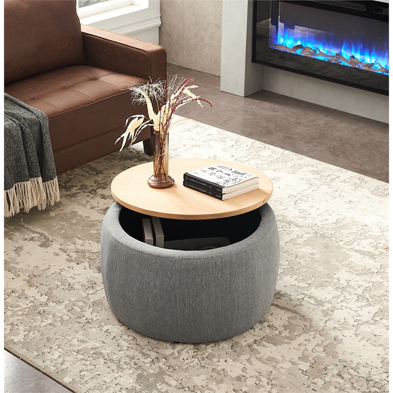 Round Fabric Storage Ottoman Work as End table and Ottoman in Dark Gray