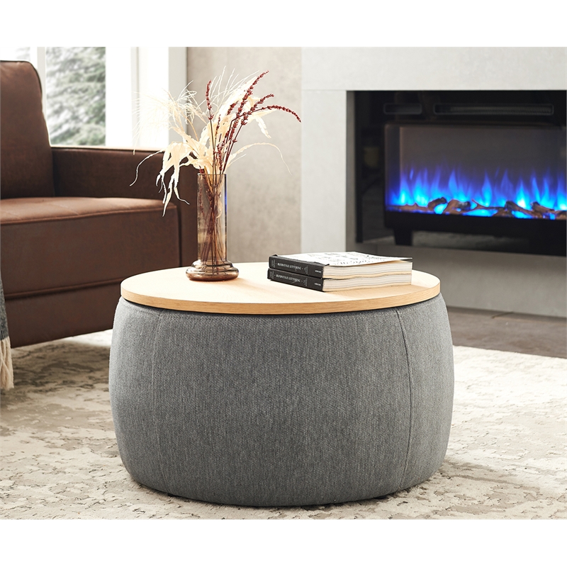 Round Fabric Storage Ottoman Work as End table and Ottoman in Dark Gray