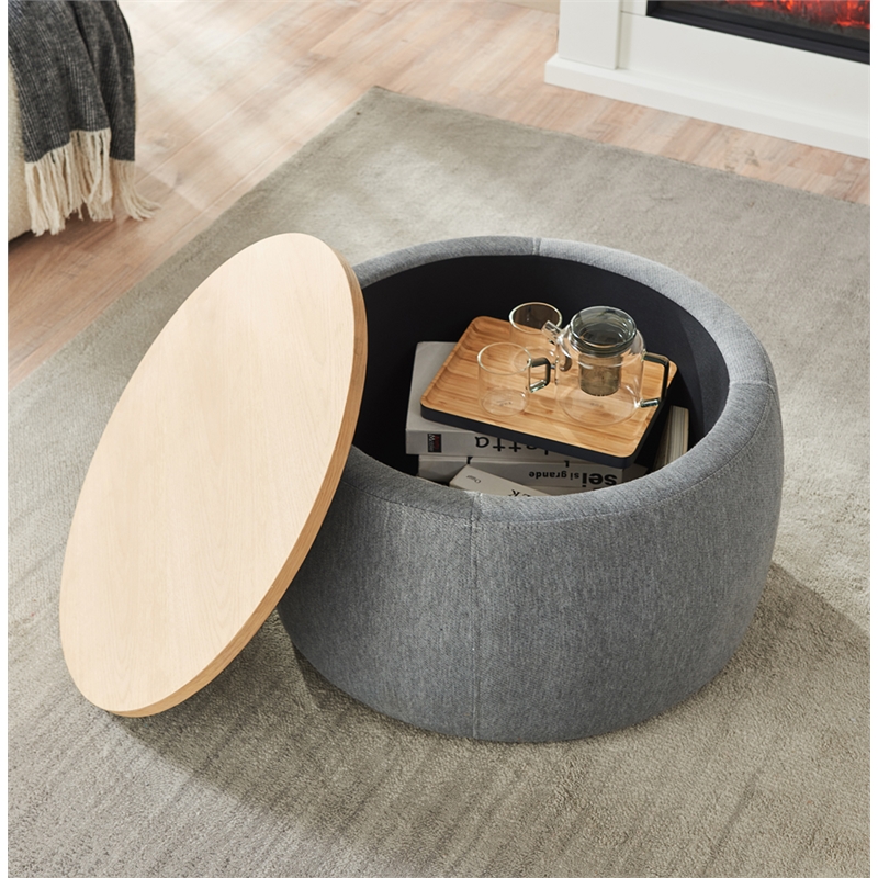Round Fabric Storage Ottoman Work as End table and Ottoman in Dark Gray