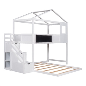 Twin over Full House Bunk Wood Bed with Storage Staircase and Blackboard White
