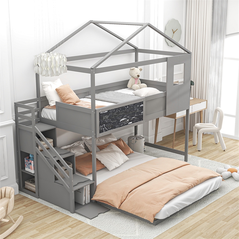 Twin over Full House Bunk Wood Bed with Storage Staircase and Blackboard in Gray