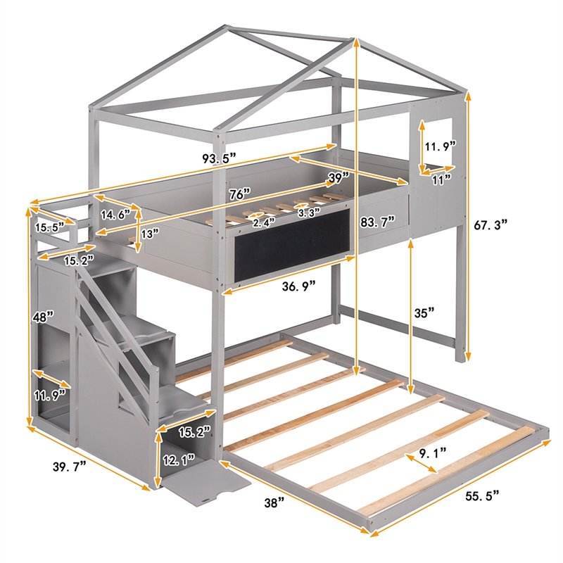 Twin over Full House Bunk Wood Bed with Storage Staircase and Blackboard in Gray
