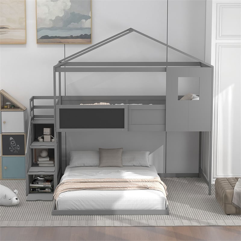 Twin over Full House Bunk Wood Bed with Storage Staircase and Blackboard in Gray