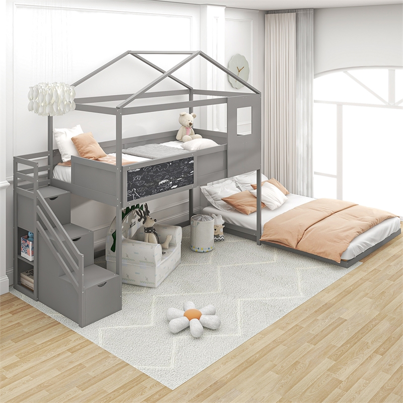 Twin over Full House Bunk Wood Bed with Storage Staircase and Blackboard in Gray