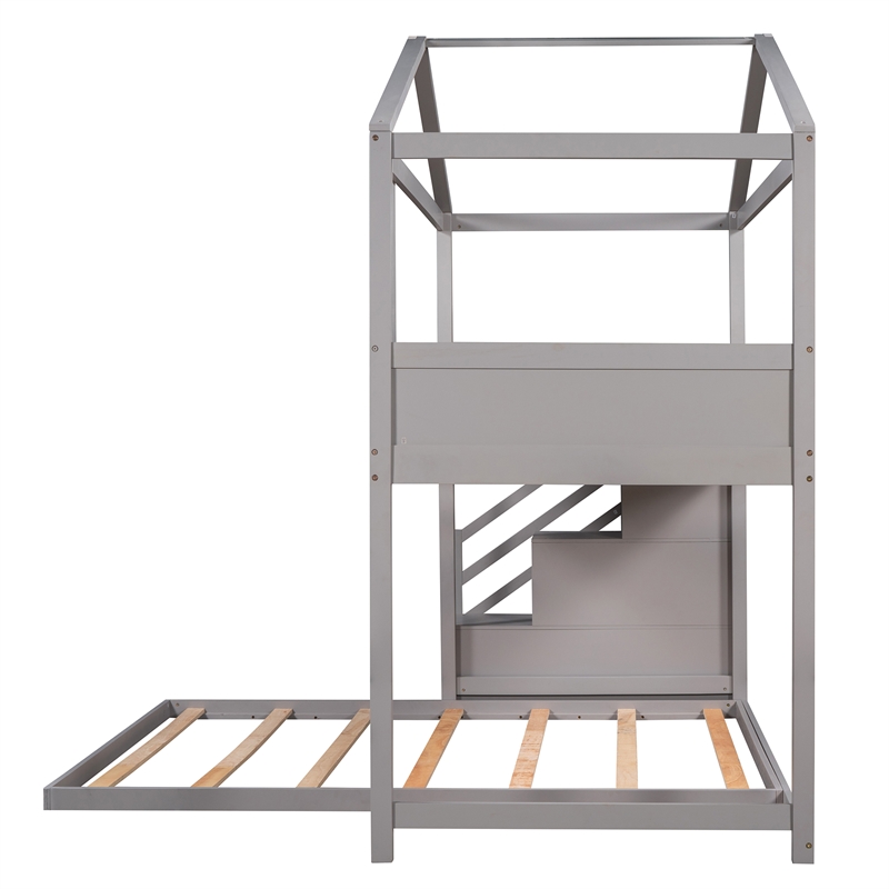 Twin over Full House Bunk Wood Bed with Storage Staircase and Blackboard in Gray
