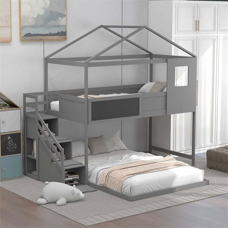 Twin over Full House Bunk Wood Bed with Storage Staircase and Blackboard in Gray