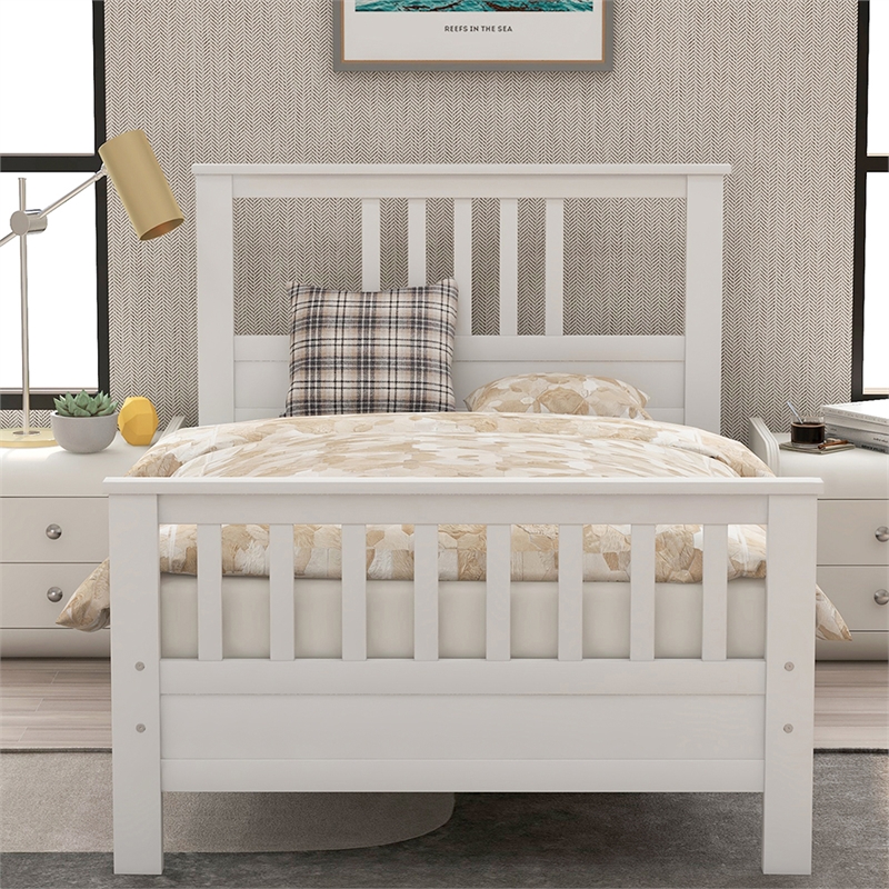 White Solid Wood Platform Bed with Headboard and Footboard Twin
