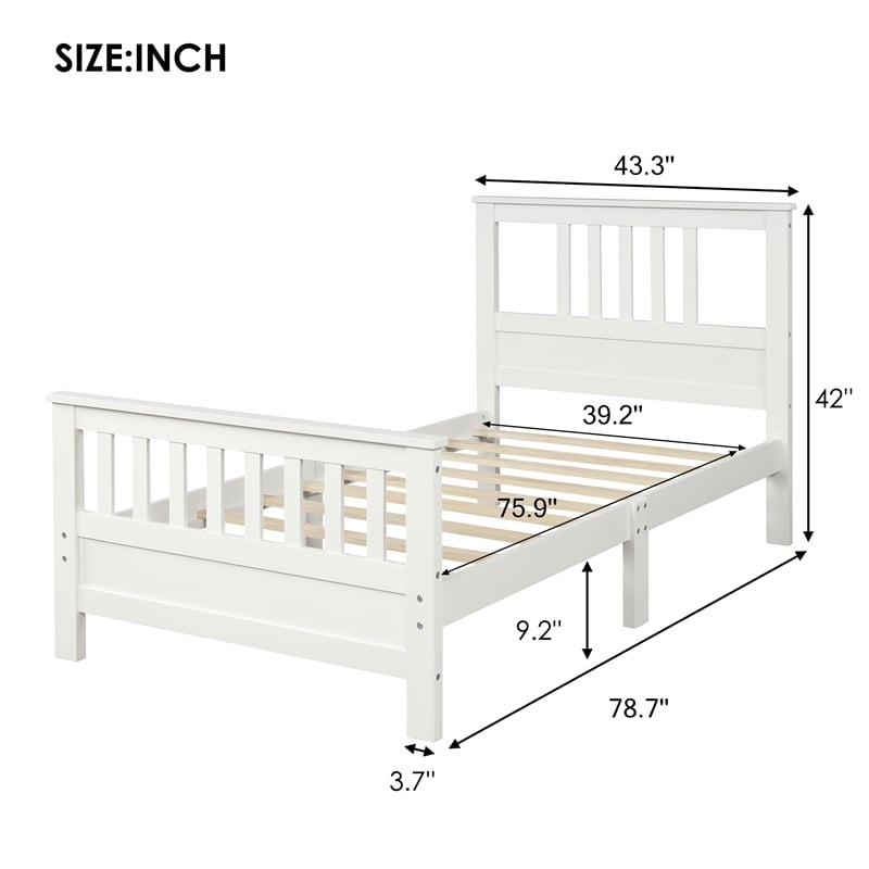 White Solid Wood Platform Bed with Headboard and Footboard Twin