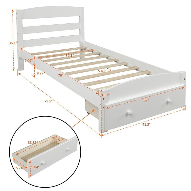 White Platform Twin Bed with Storage Drawer and Solid Wood Slat Support