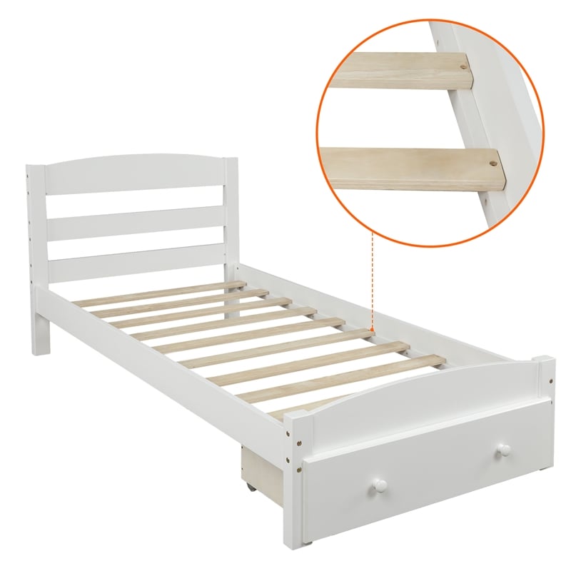 White Platform Twin Bed with Storage Drawer and Solid Wood Slat Support