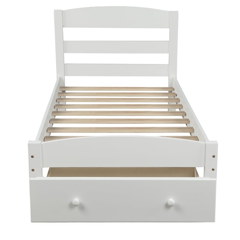White Platform Twin Bed with Storage Drawer and Solid Wood Slat Support