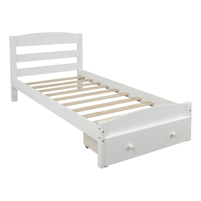 White Platform Twin Bed with Storage Drawer and Solid Wood Slat Support