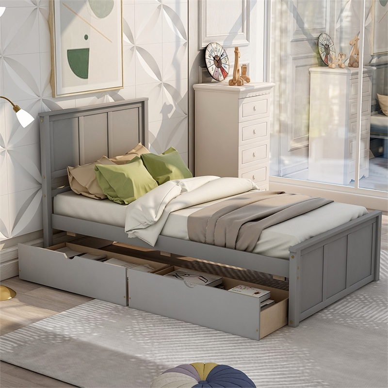 Gray Wood Platform Storage Bed 2 drawers with wheels Twin Size Frame