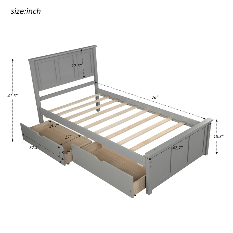 Gray Wood Platform Storage Bed 2 drawers with wheels Twin Size Frame