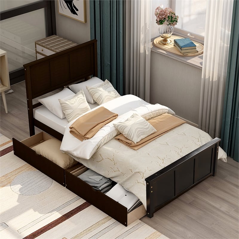 Espresso Wood Platform Storage Bed 2 drawers with wheels Twin Size Frame