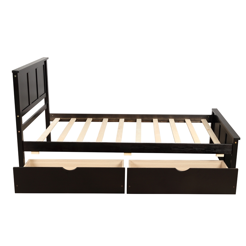 Espresso Wood Platform Storage Bed 2 drawers with wheels Twin Size Frame