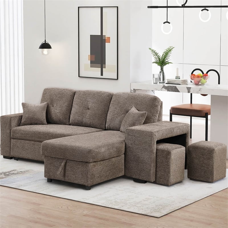 Modern Velvet L-Shaped Sleeper Sectional Sofa Bed in Charcoal