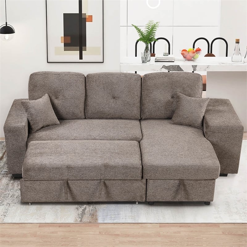 Modern Velvet L-Shaped Sleeper Sectional Sofa Bed in Charcoal