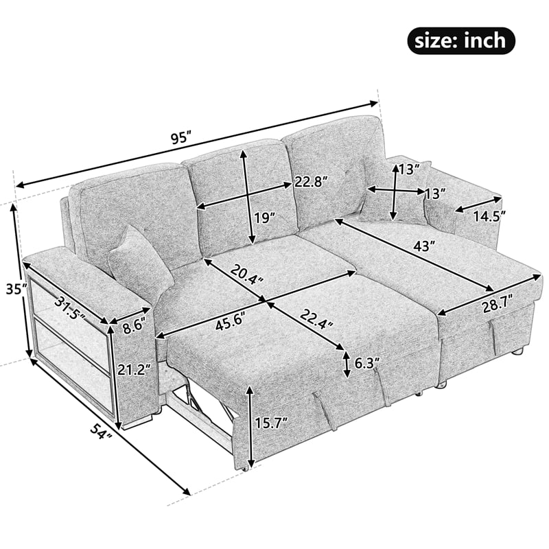 Modern Velvet L-Shaped Sleeper Sectional Sofa Bed in Charcoal
