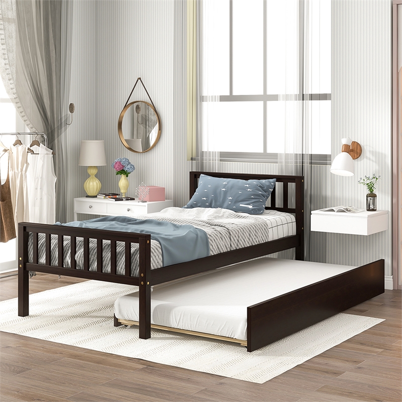 Espresso Wood Twin Bed with Trundle Headboard and Footboard for Bedroom