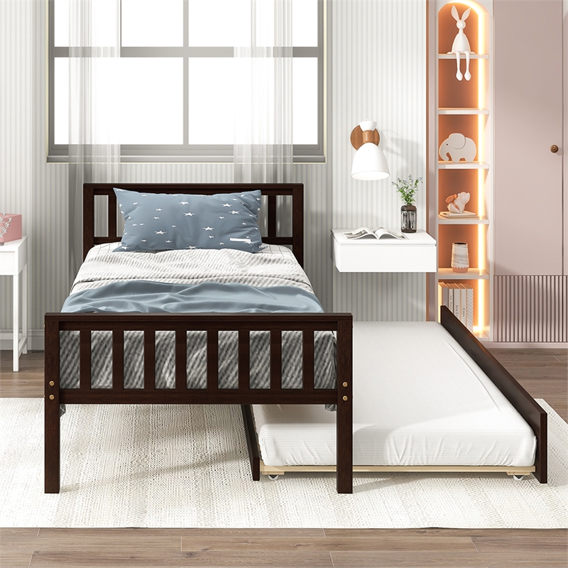 Espresso Wood Twin Bed with Trundle Headboard and Footboard for Bedroom
