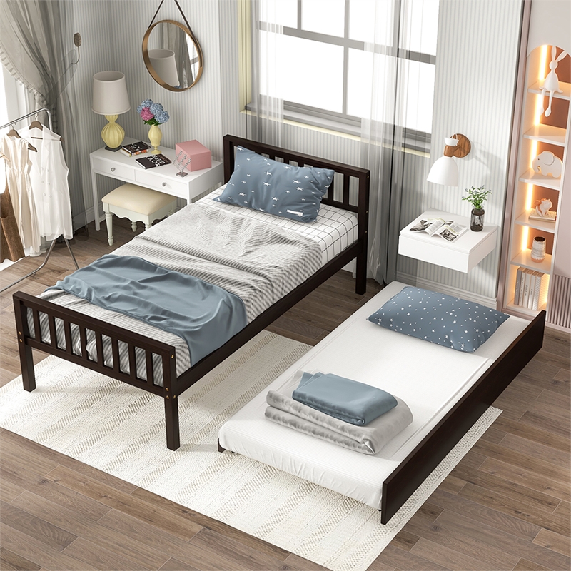 Espresso Wood Twin Bed with Trundle Headboard and Footboard for Bedroom