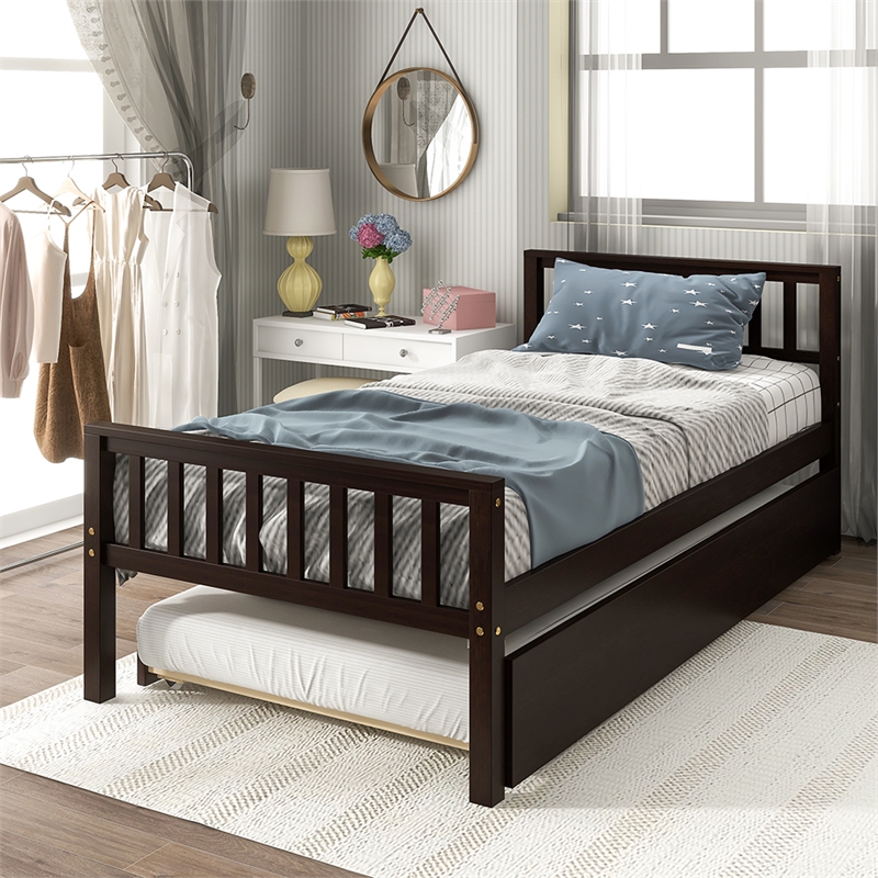 Espresso Wood Twin Bed with Trundle Headboard and Footboard for Bedroom