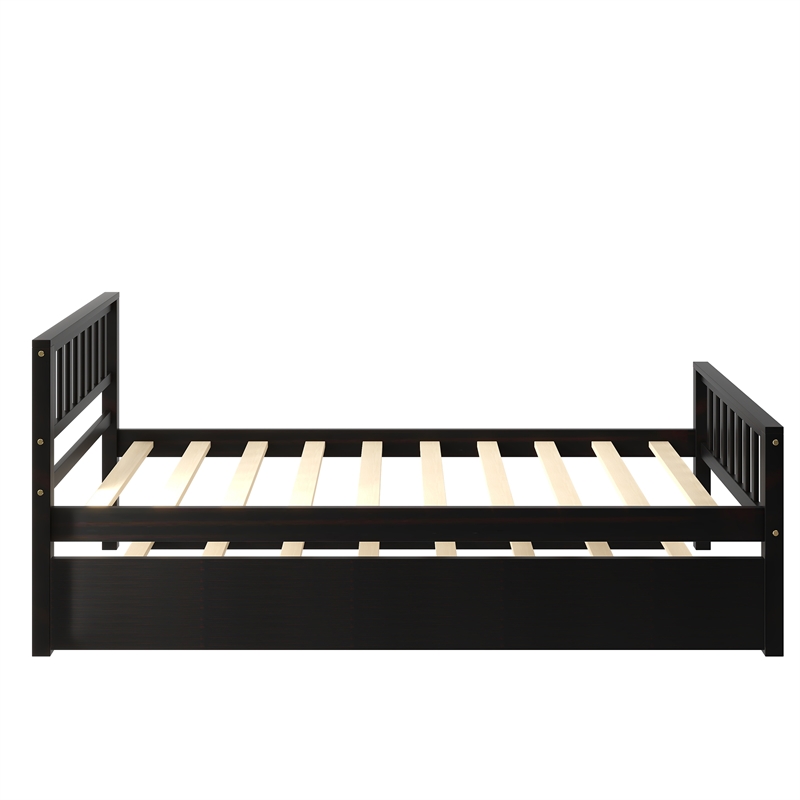 Espresso Wood Twin Bed with Trundle Headboard and Footboard for Bedroom