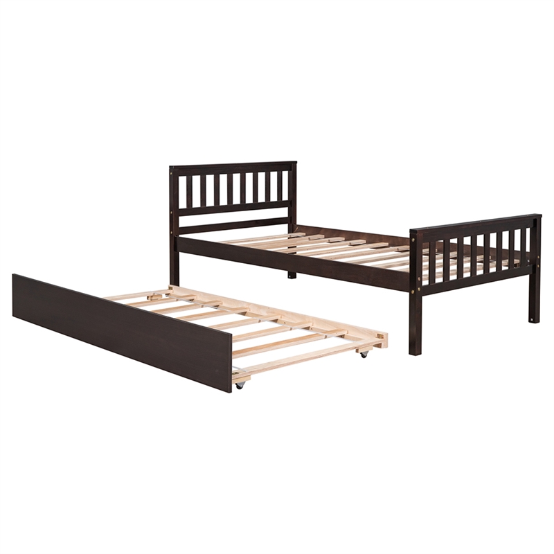 Espresso Wood Twin Bed with Trundle Headboard and Footboard for Bedroom
