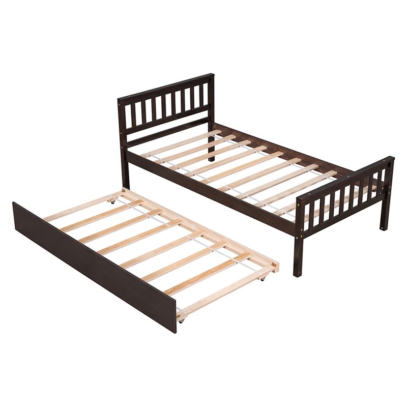 Espresso Wood Twin Bed with Trundle Headboard and Footboard for Bedroom