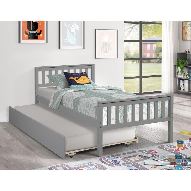 Gray Wood Twin Bed with Trundle Headboard and Footboard for Bedroom
