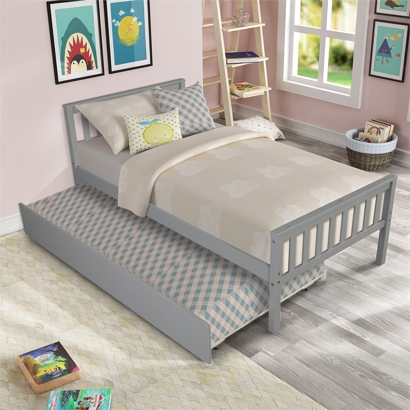 Gray Wood Twin Bed with Trundle Headboard and Footboard for Bedroom