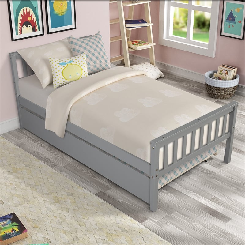 Gray Wood Twin Bed with Trundle Headboard and Footboard for Bedroom