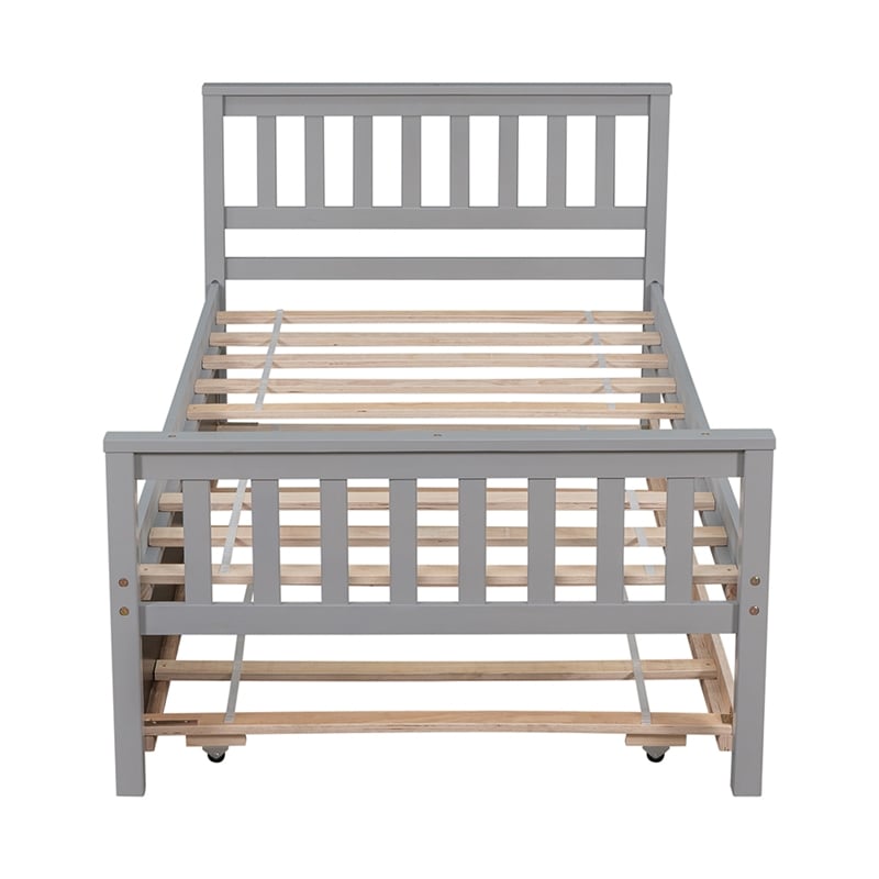 Gray Wood Twin Bed with Trundle Headboard and Footboard for Bedroom
