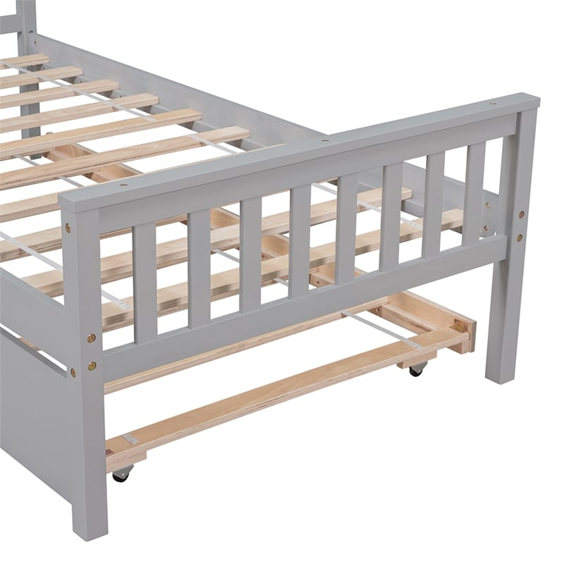 Gray Wood Twin Bed with Trundle Headboard and Footboard for Bedroom