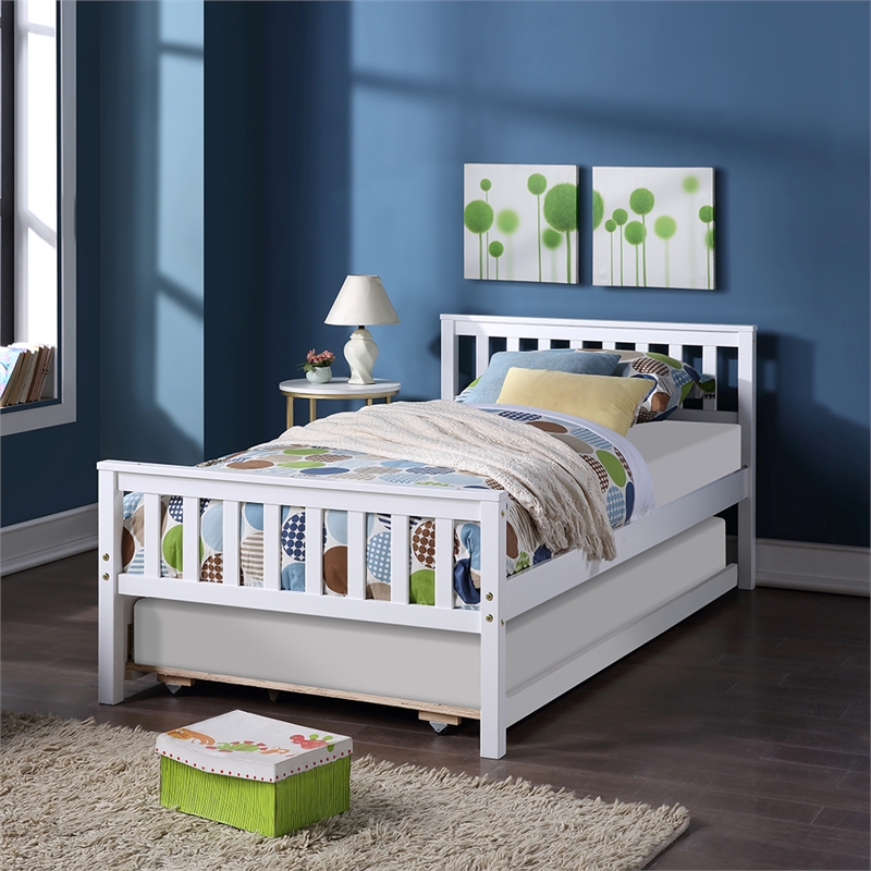 White Wood Twin Bed with Trundle Headboard and Footboard for Bedroom