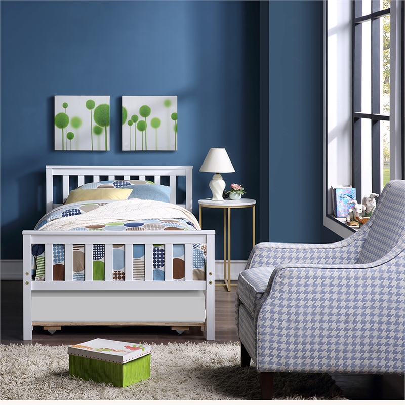 White Wood Twin Bed with Trundle Headboard and Footboard for Bedroom