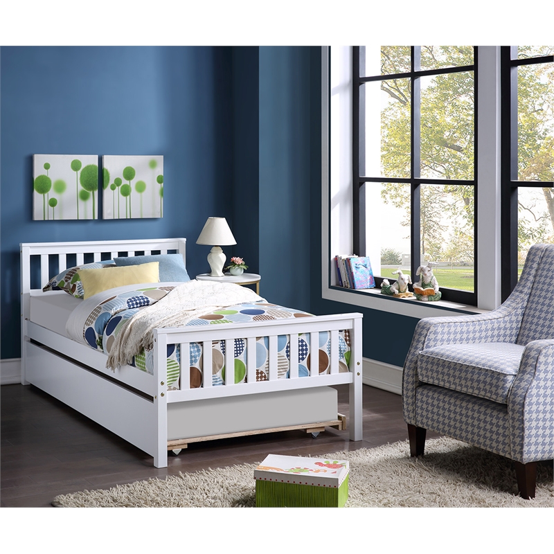White Wood Twin Bed with Trundle Headboard and Footboard for Bedroom