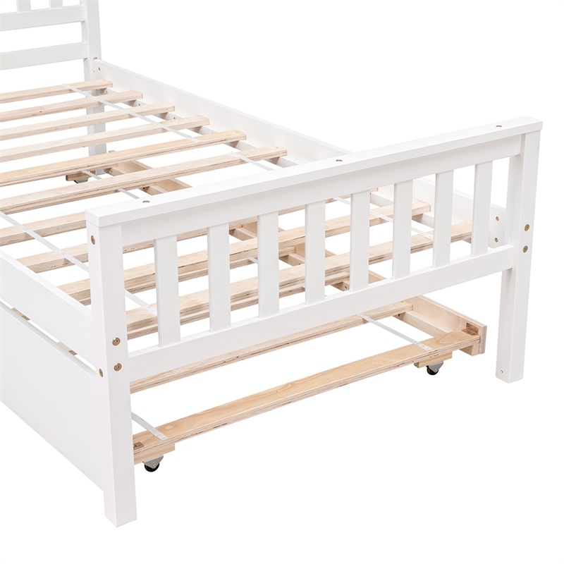 White Wood Twin Bed with Trundle Headboard and Footboard for Bedroom