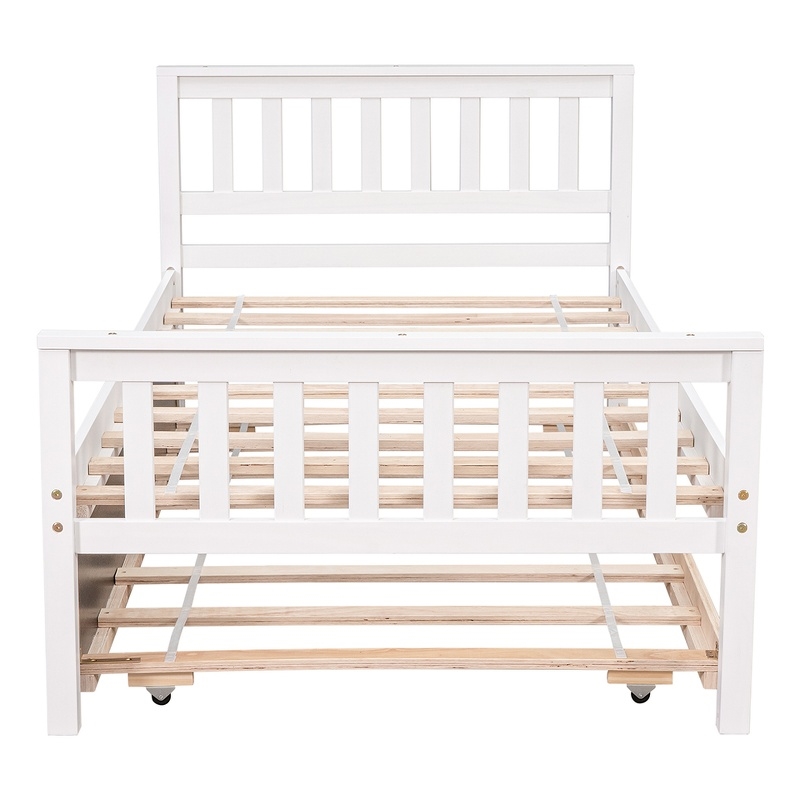 White Wood Twin Bed with Trundle Headboard and Footboard for Bedroom