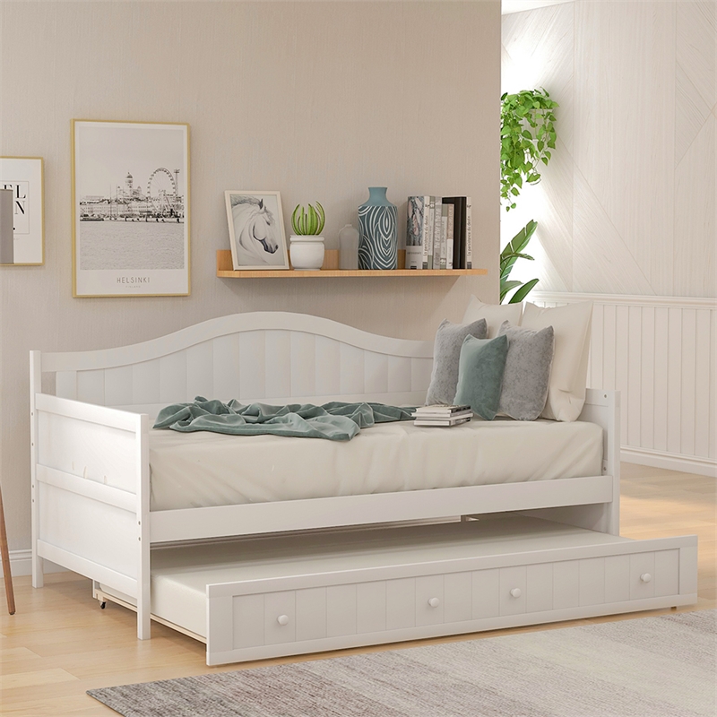 White Wood Twin Daybed with Trundle Bed Sofa Bed for Bedroom Living Room