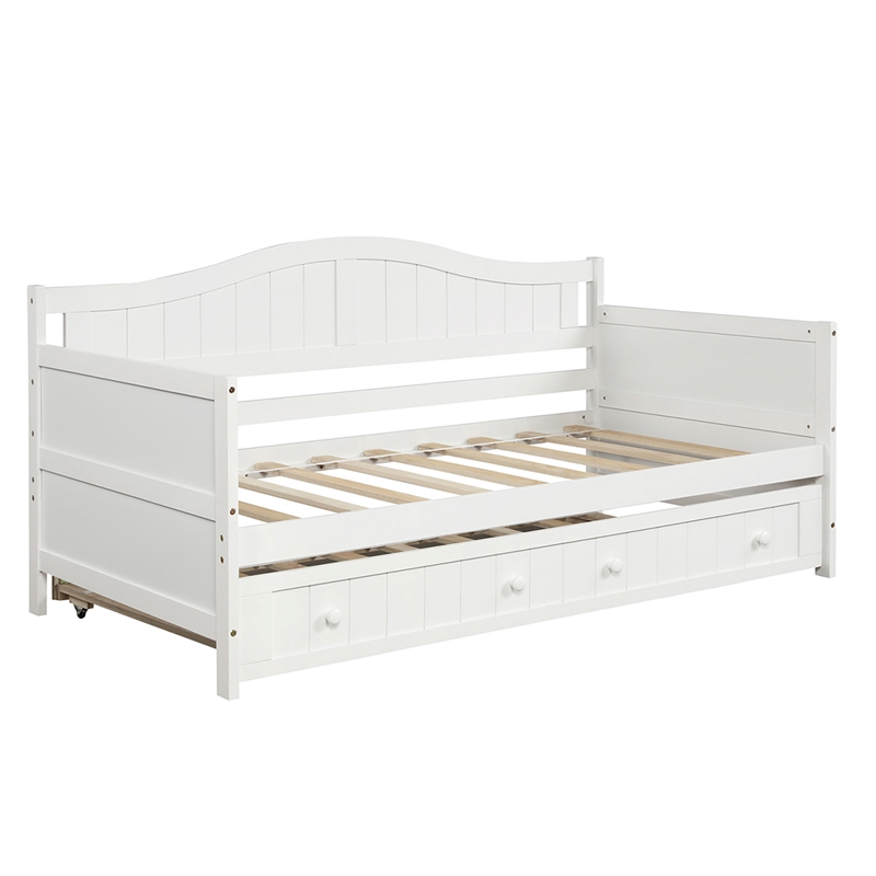 White Wood Twin Daybed with Trundle Bed Sofa Bed for Bedroom Living Room