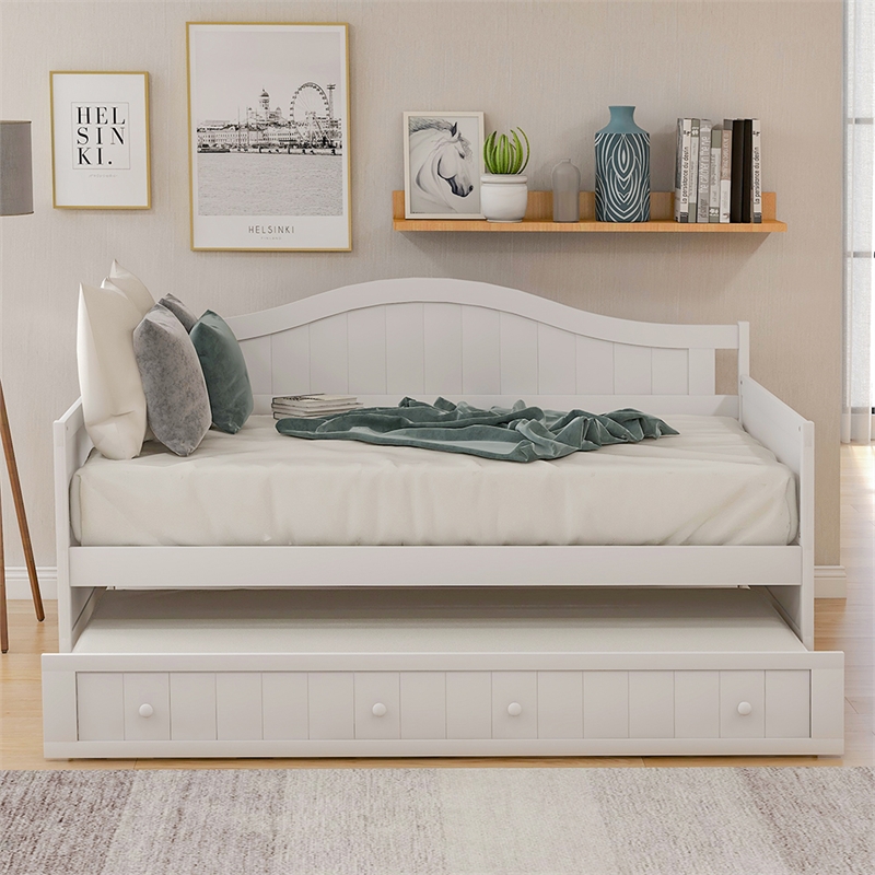 White Wood Twin Daybed with Trundle Bed Sofa Bed for Bedroom Living Room