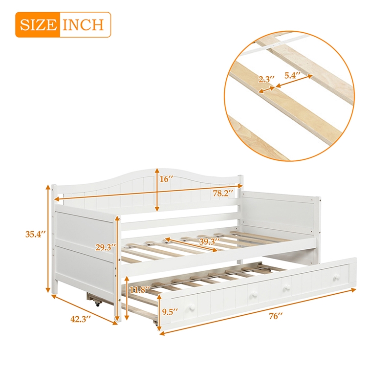 White Wood Twin Daybed with Trundle Bed Sofa Bed for Bedroom Living Room