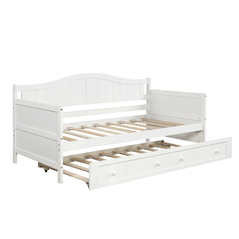 White Wood Twin Daybed with Trundle Bed Sofa Bed for Bedroom Living Room
